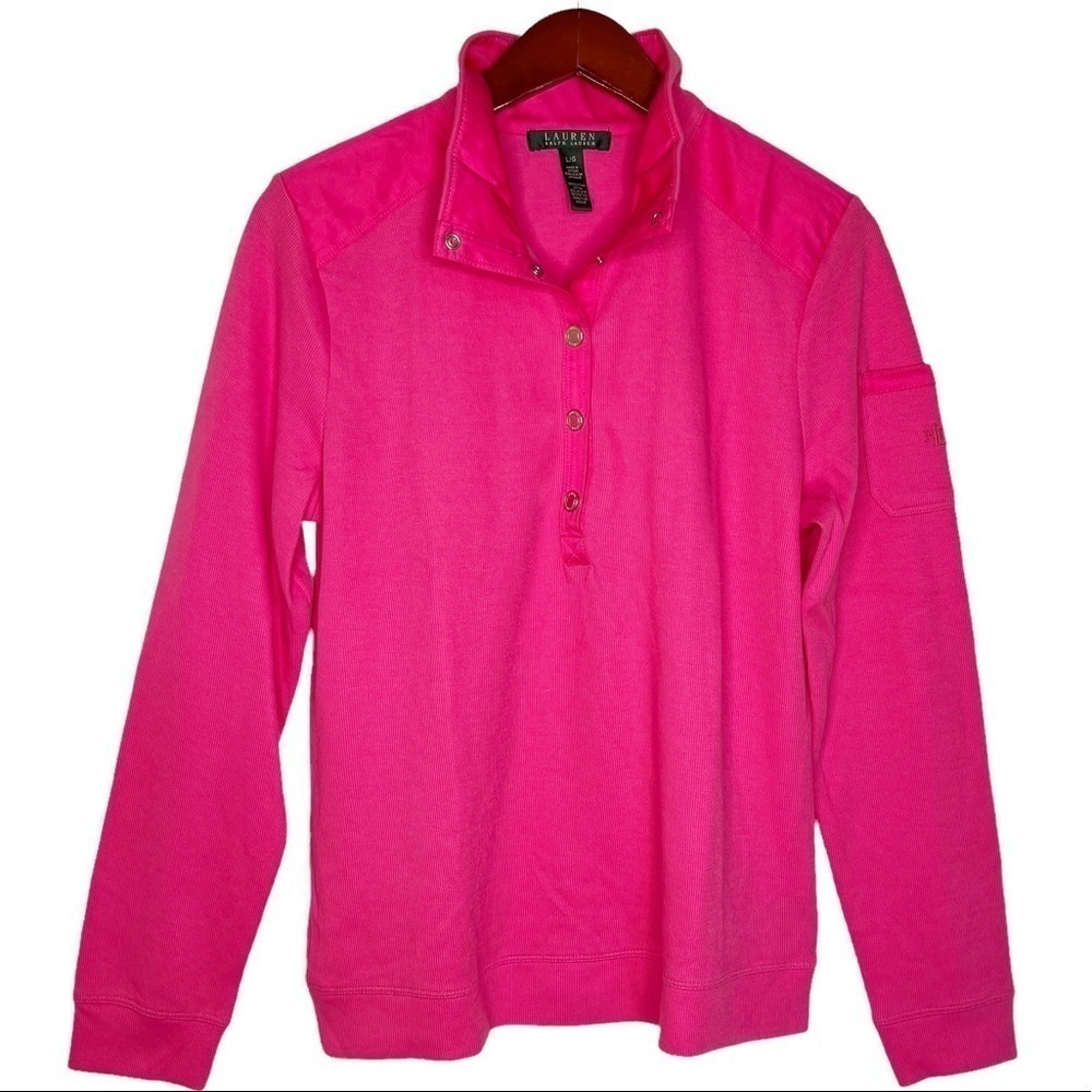 LAUREN RALPH LAUREN Snap Mock Neck Logo Pocket Knit Top in Fuchsia Pink …